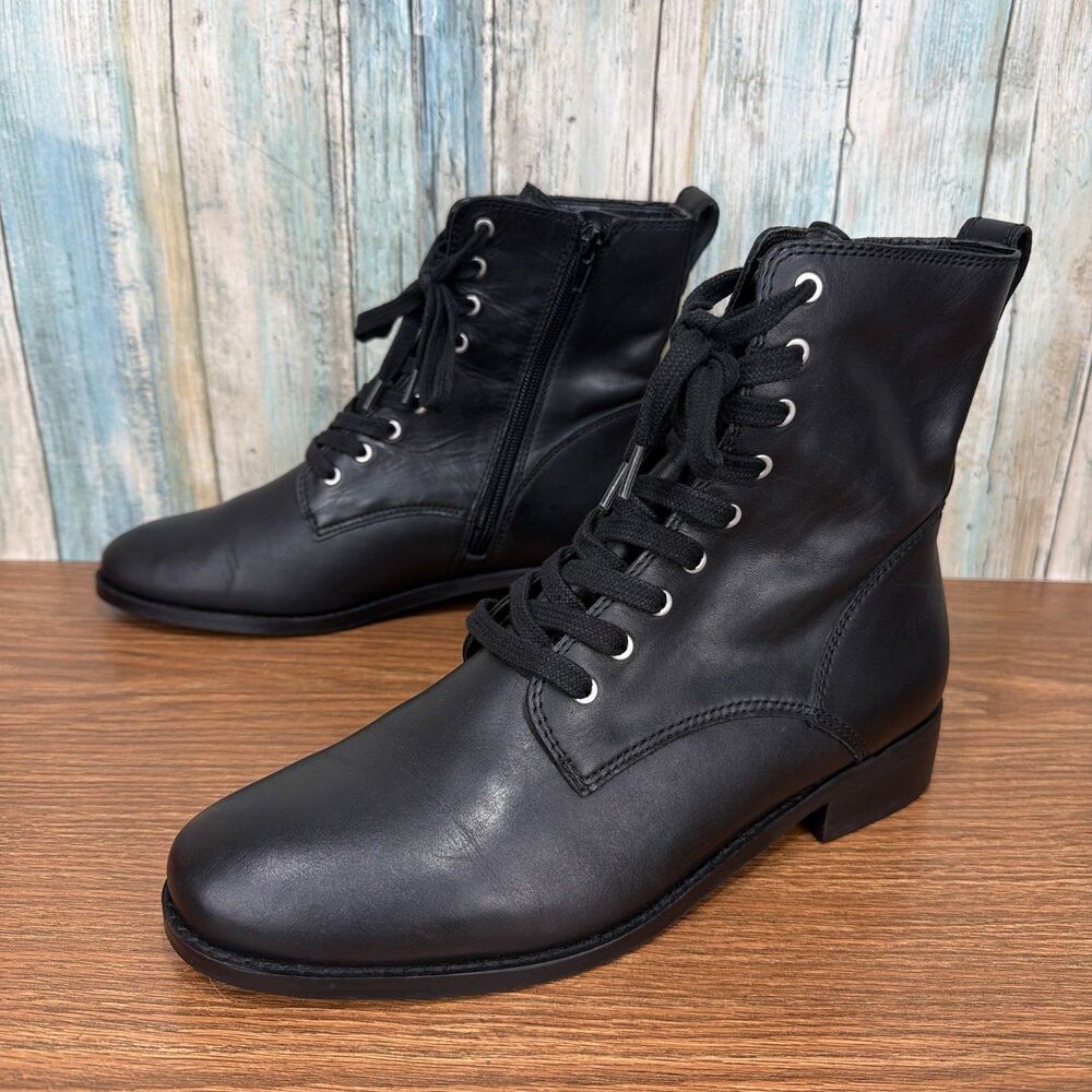 Lucky Brand Hestawn Womens Combat Boots Black Silky Leather Lace Up Zip Size 9